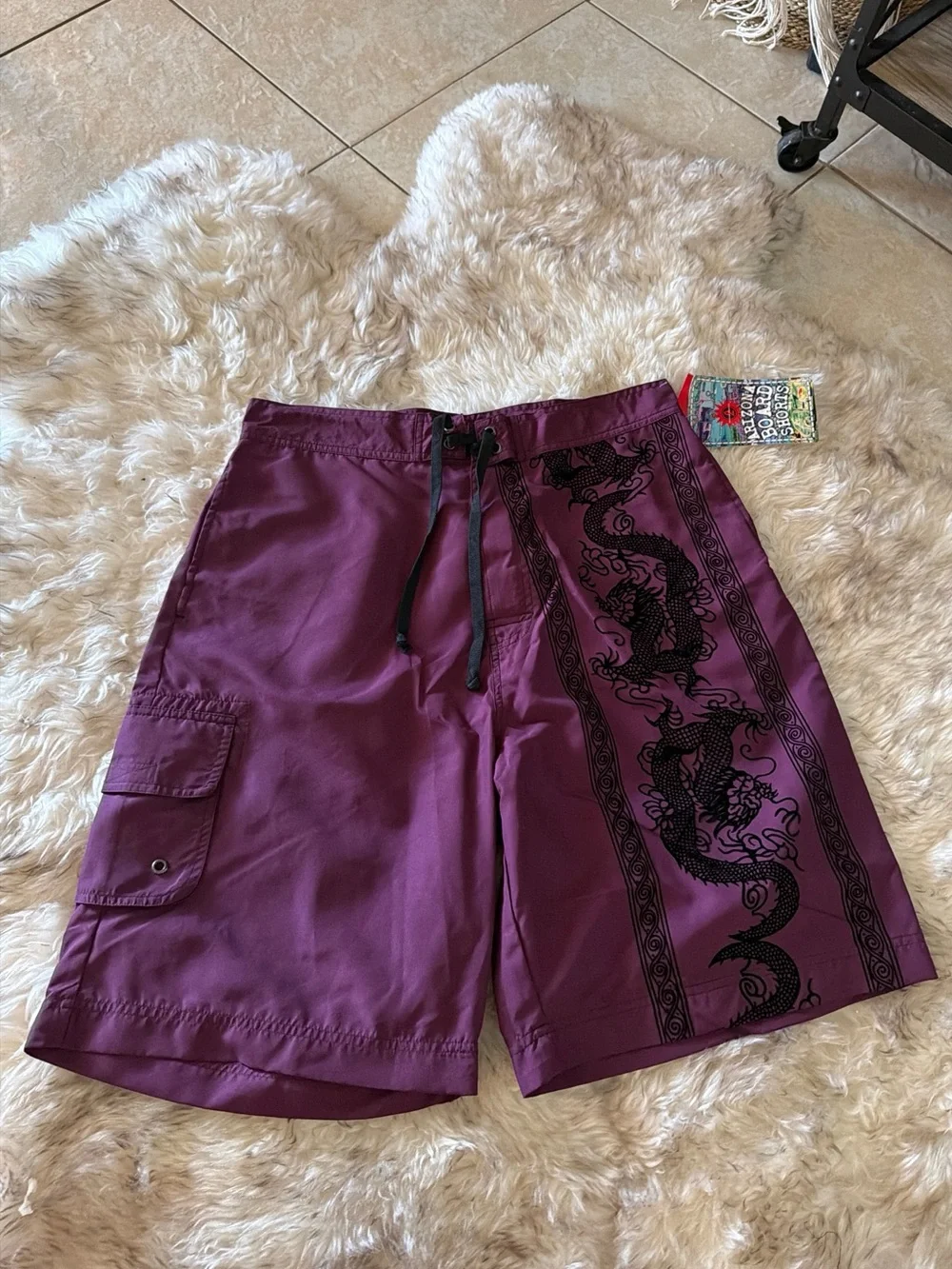 New vtg Arizona Men's Purple Dragon embroidered Print board Swim Shorts 36 Y2K